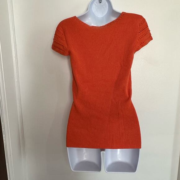 Y2K Style Knit Short Sleeve Light Sweater, Embroidered Style, Orange, Sz Large - Picture 5 of 6
